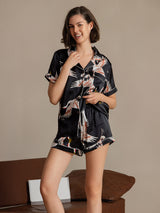 [Schwarz] SilkSilky-DE Short Sleeve Notch-Kragen Damen Pyjamas 003