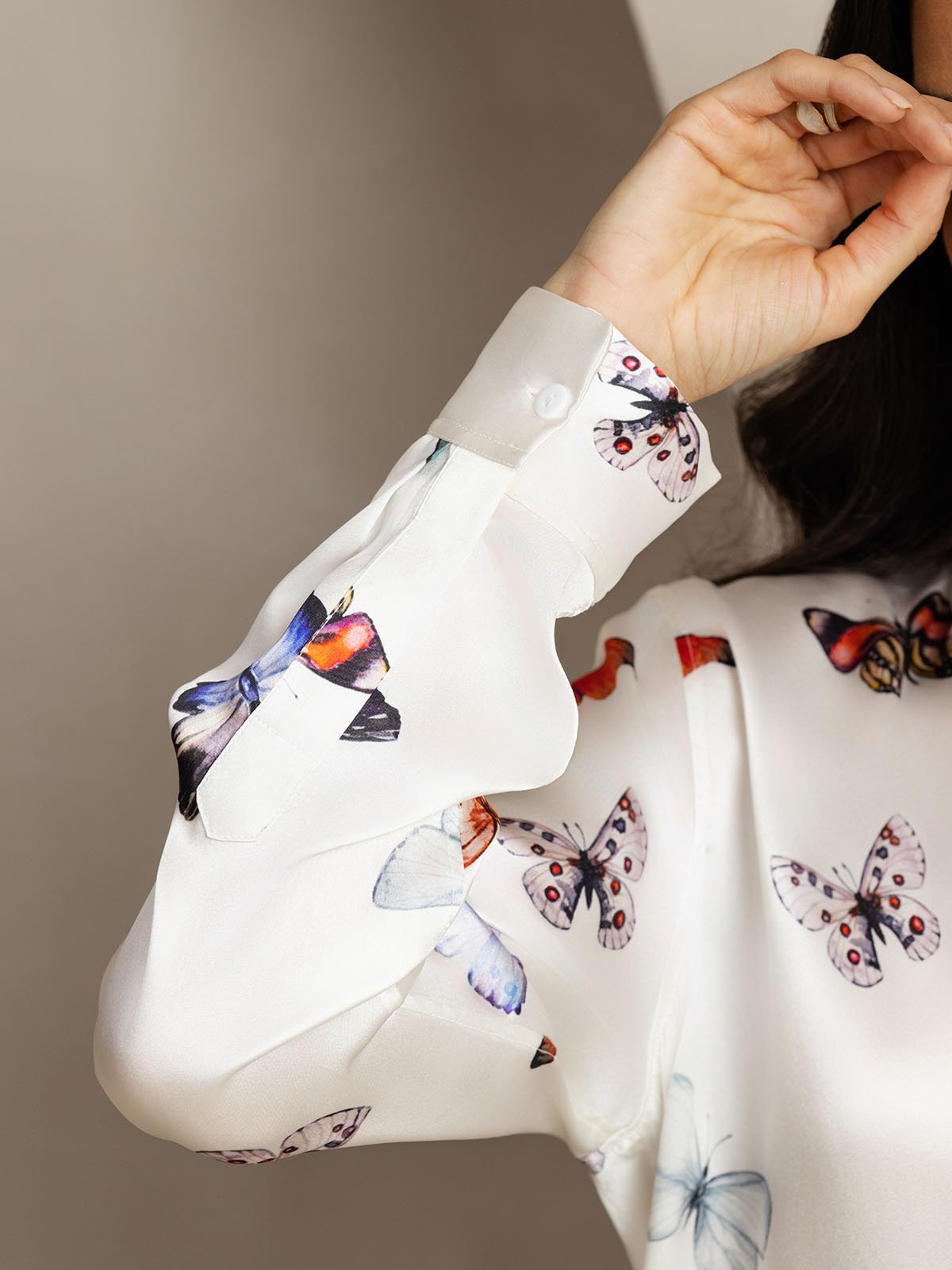 [Weiß Schmetterling] SilkSilky-DE 19Momme Seide Umlegekragen Women''s Outfit Sets 006