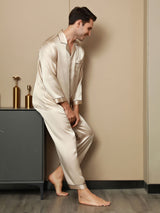 [Tan] SilkSilky-DE Reine Seide Langärmelig Revers Herren Pyjamas 008