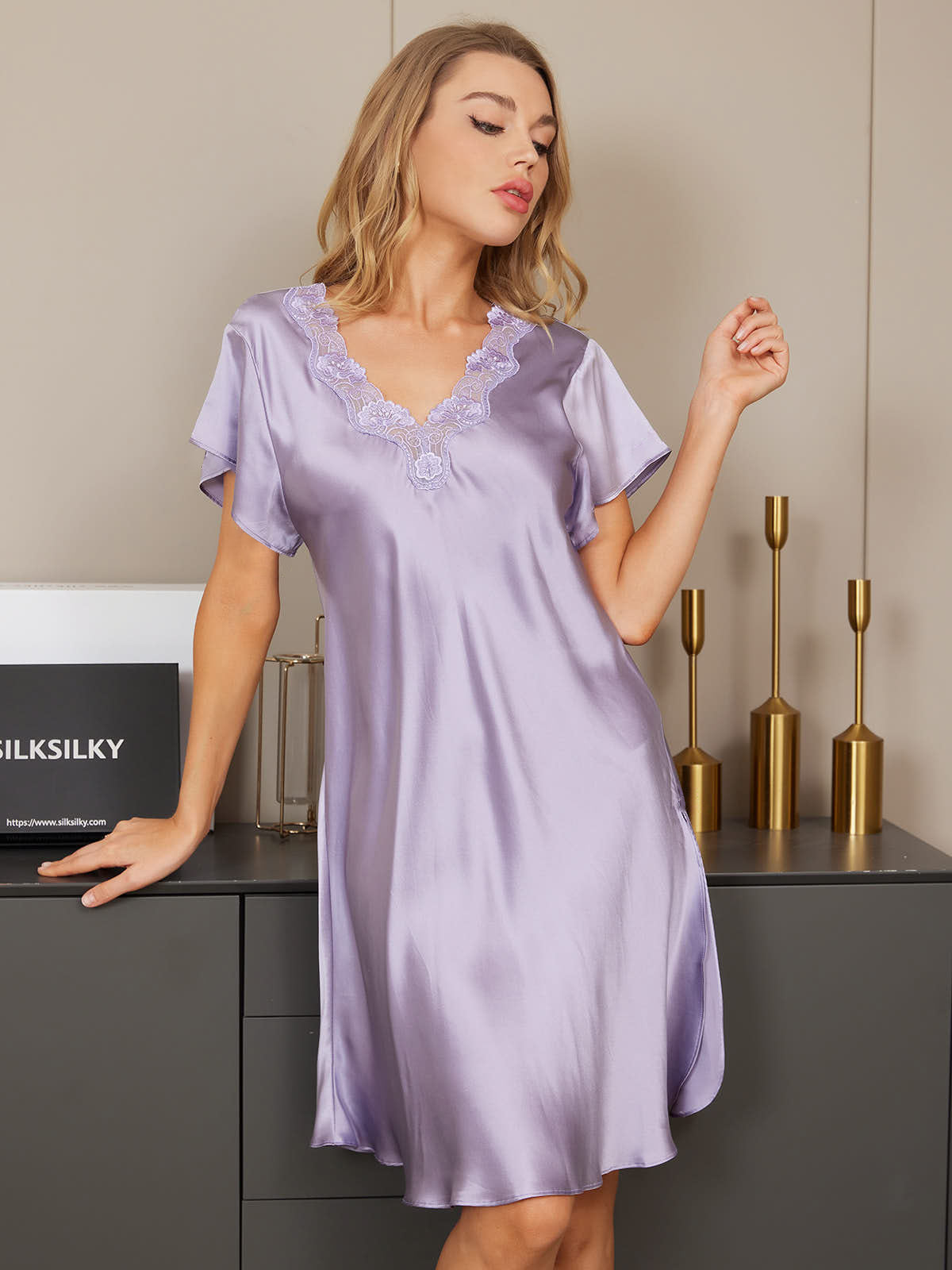 [Violett] SilkSilky-DE Reine Seide Nightgown 005