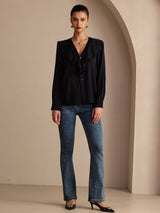 [Schwarz] SilkSilky-DE Long Sleeve Deep V Neck Damenblusen 006