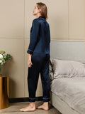 SilkSilky-DE Reine Seide Langärmelig Revers Damen Pyjamas Dunkelblau 004