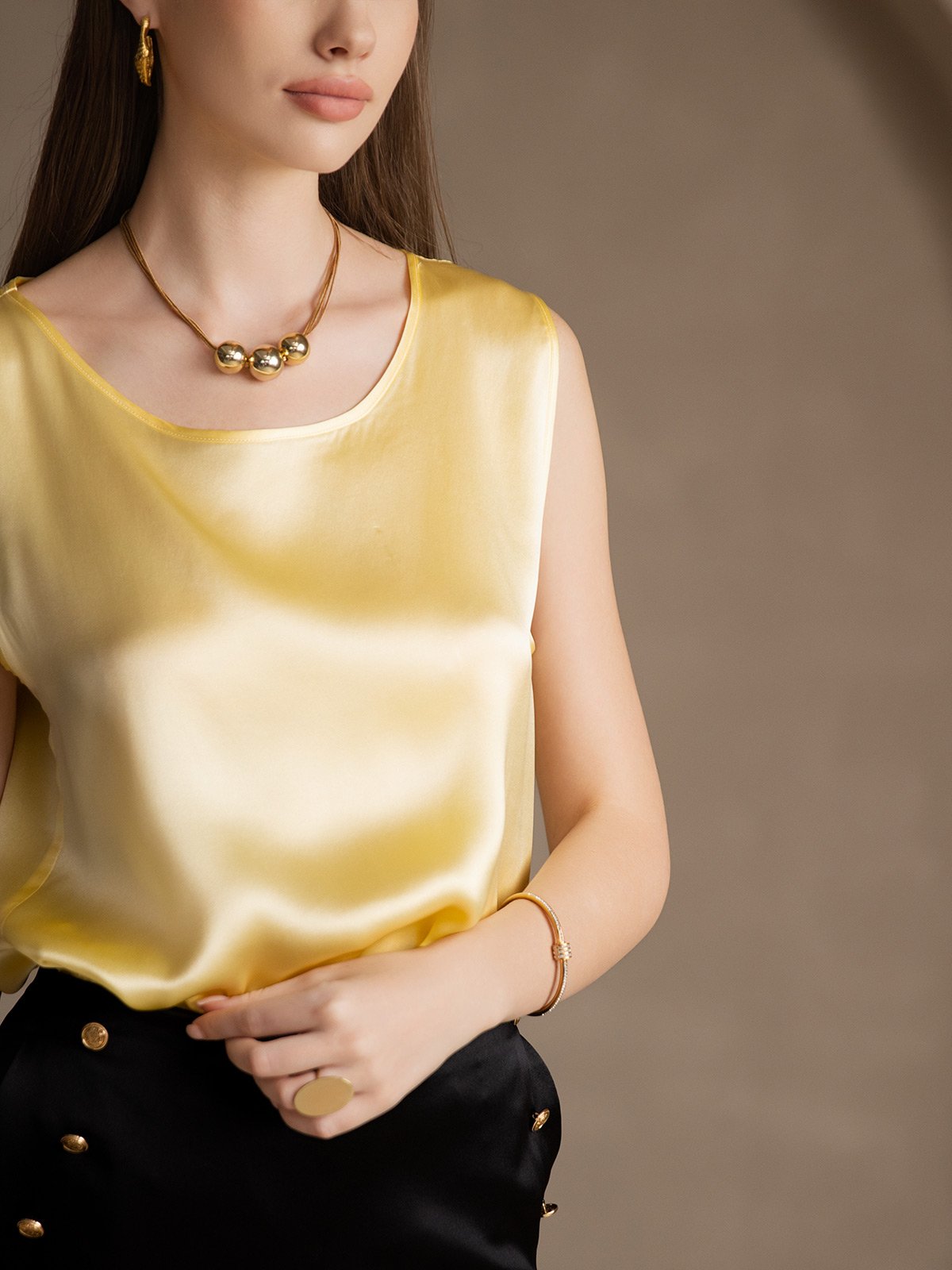 [Hellgelb] SilkSilky-DE 19Momme Ärmellos Rundhalsausschnitt Cami Top 003