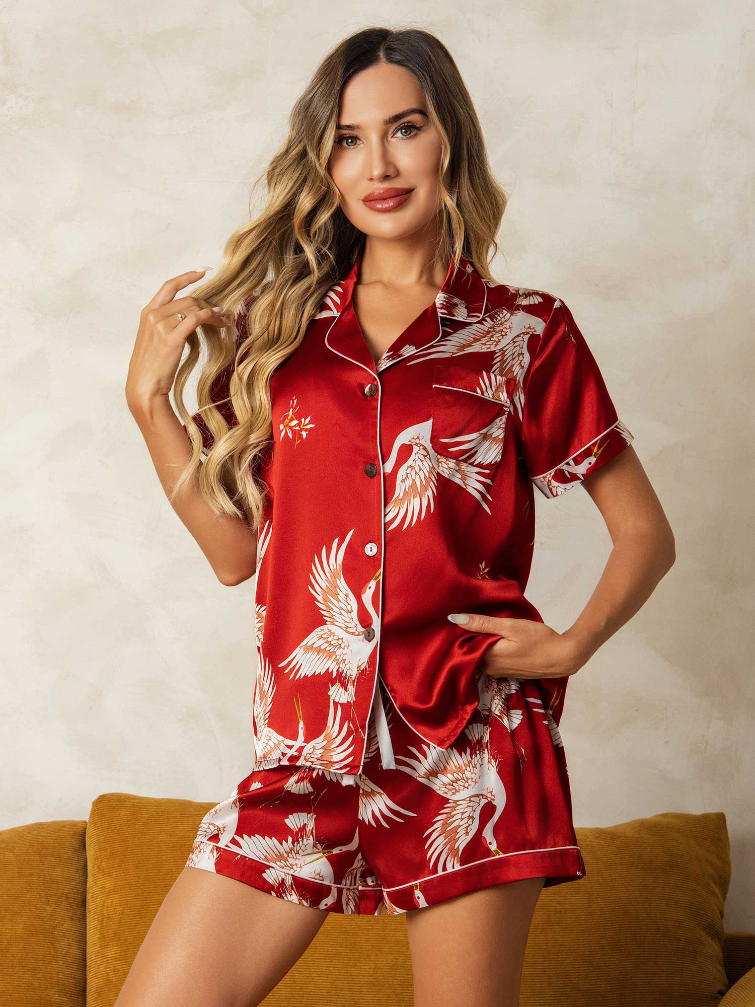 [Dunkelrot] SilkSilky-DE 19Momme Reine Seide Kurzärmelig Womens Pajamas 003