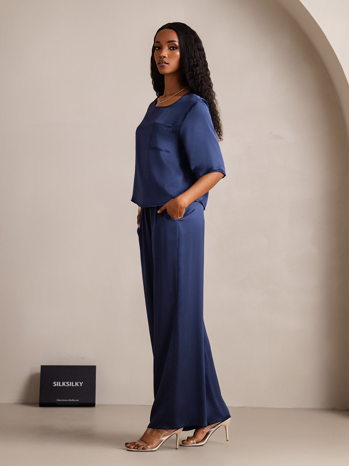 [Dunkelblau] SilkSilky-DE Reine Seide Womens Pajamas 004,