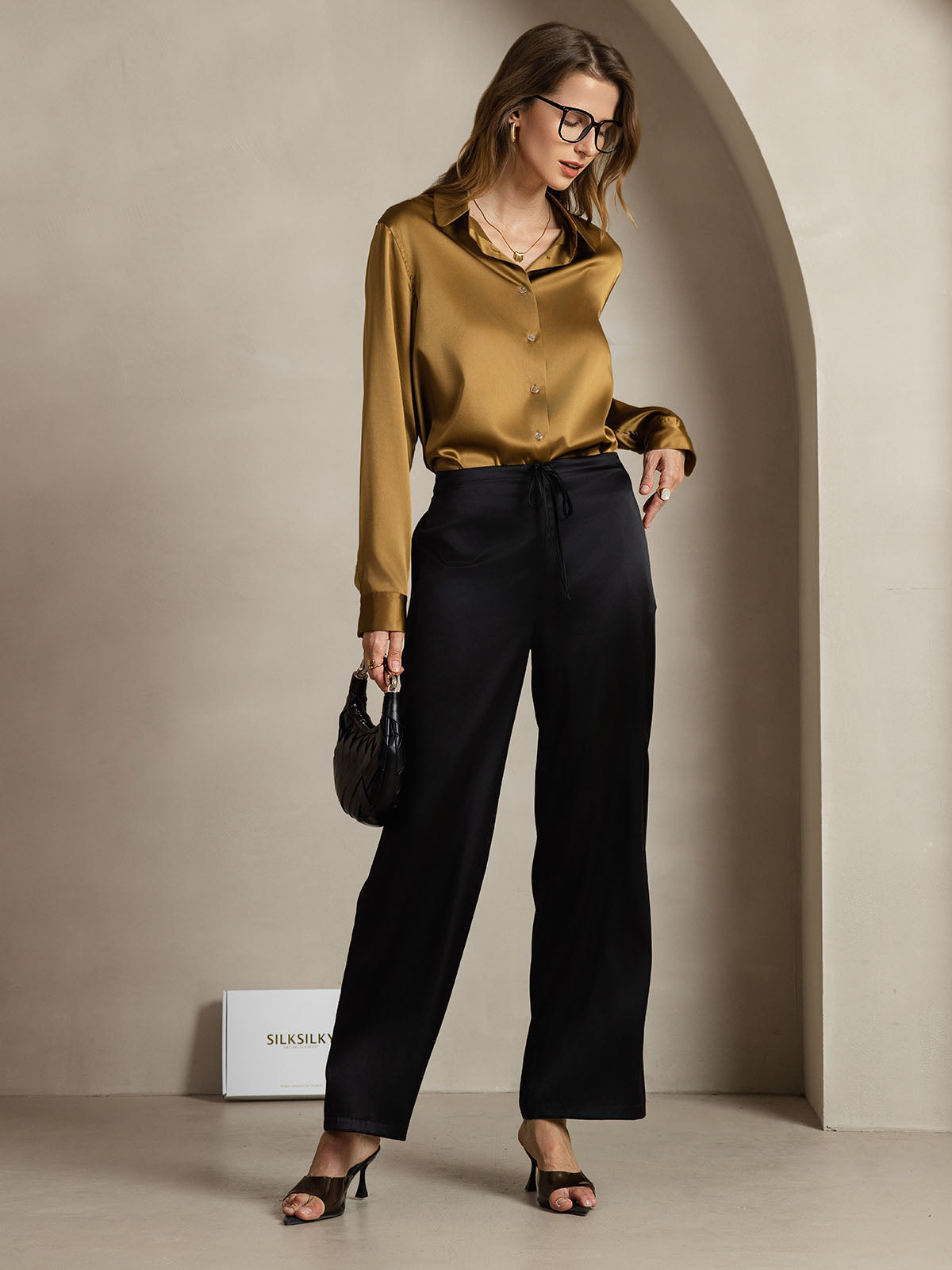 [Bronze] SilkSilky-DE Seide Umlegekragen Damenhemd 003,