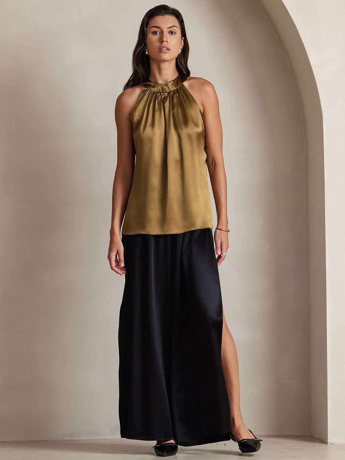 [Braun] SilkSilky-DE 19Momme Ärmellos Neckholder T-Shirt 003