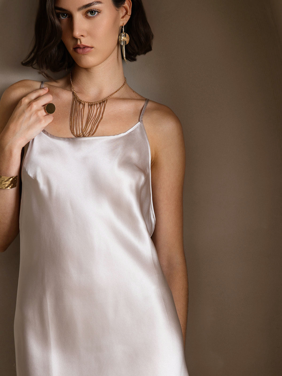 [Beige] SilkSilky-DE Spaghettiträger Tiefer Rundhalsausschnitt Kleider 005