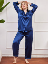 [Dunkelblau] SilkSilky-DE Langärmelig Damen Pyjamas Große Größen 004