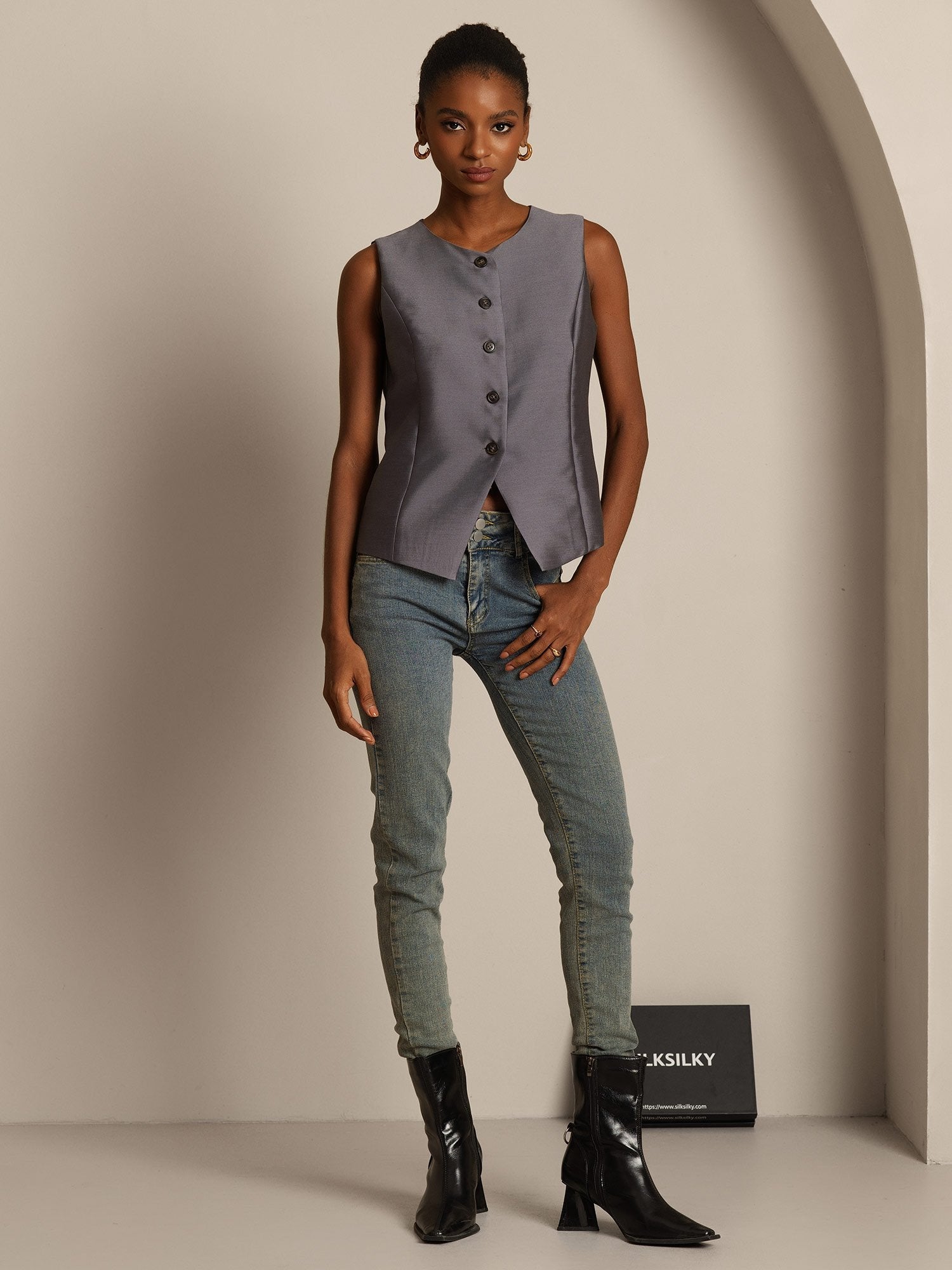 [Grau] SilkSilky-DE 32Momme Silk-Wool Blend Womens Vest 008,