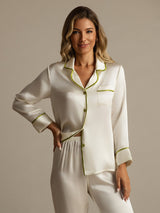 [Weiß] SilkSilky-DE Langärmelig Notch-Kragen Damen Pyjamas 003