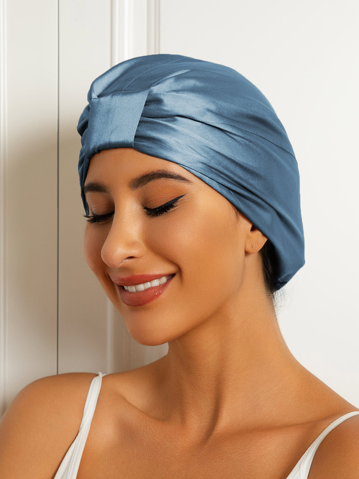 SilkSilky-DE Reine Seide Sleep Cap Stahlblau 002