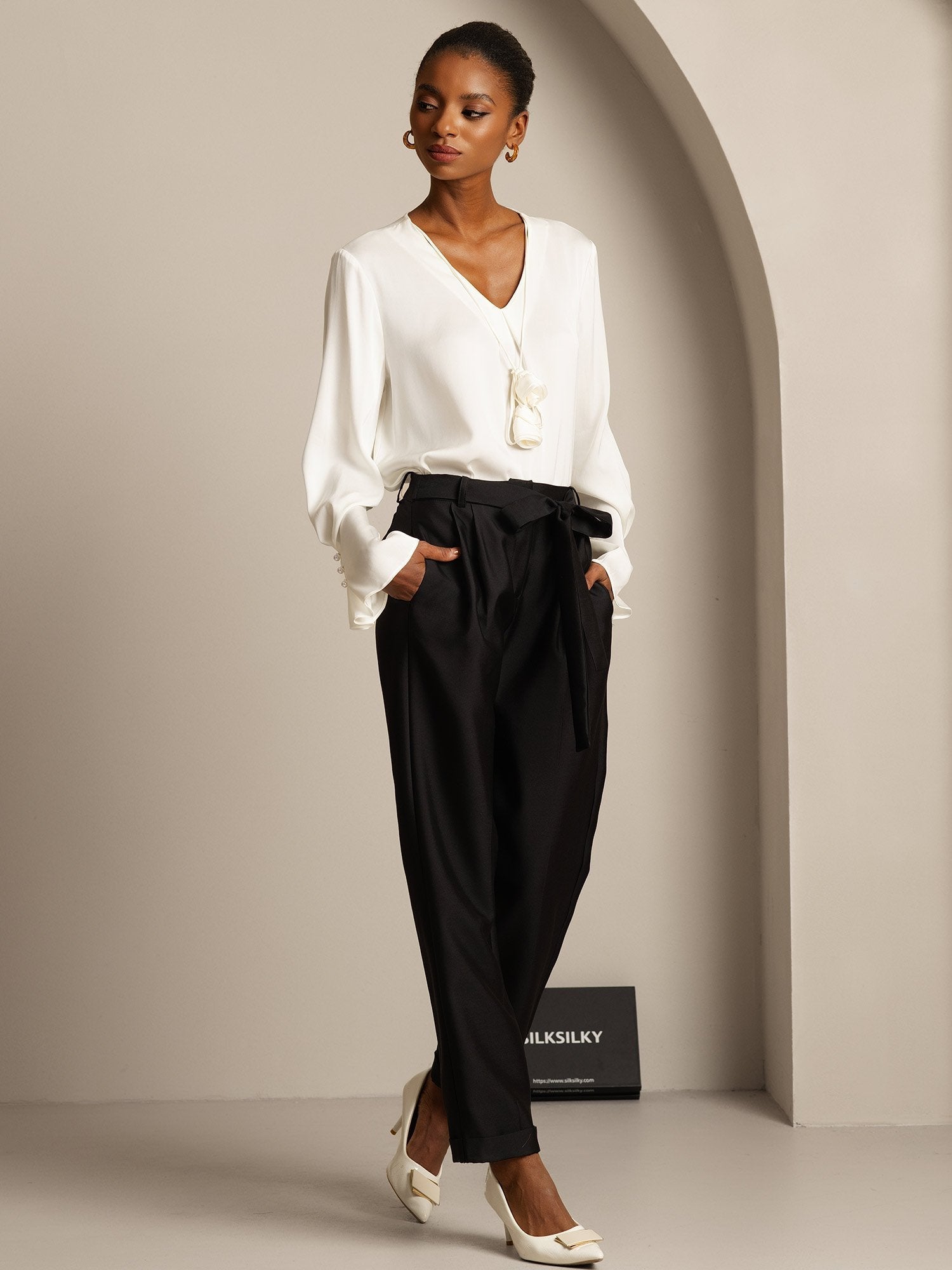 [Schwarz] SilkSilky-DE 32Momme Silk-Wool Blend Womens Pants 005,