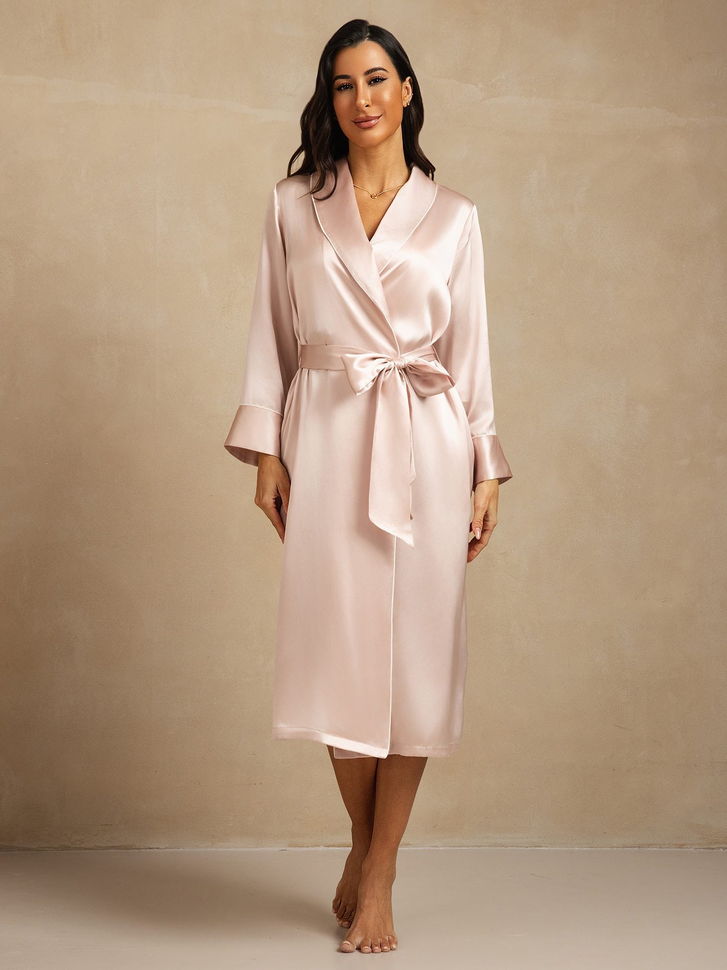 [Rosa] SilkSilky-DE Reine Seide Umlegekragen Damen Morgenmantel 003