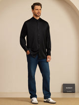 [Schwarz] SilkSilky-DE Long Sleeve Stand Collar Herrenhemd 008