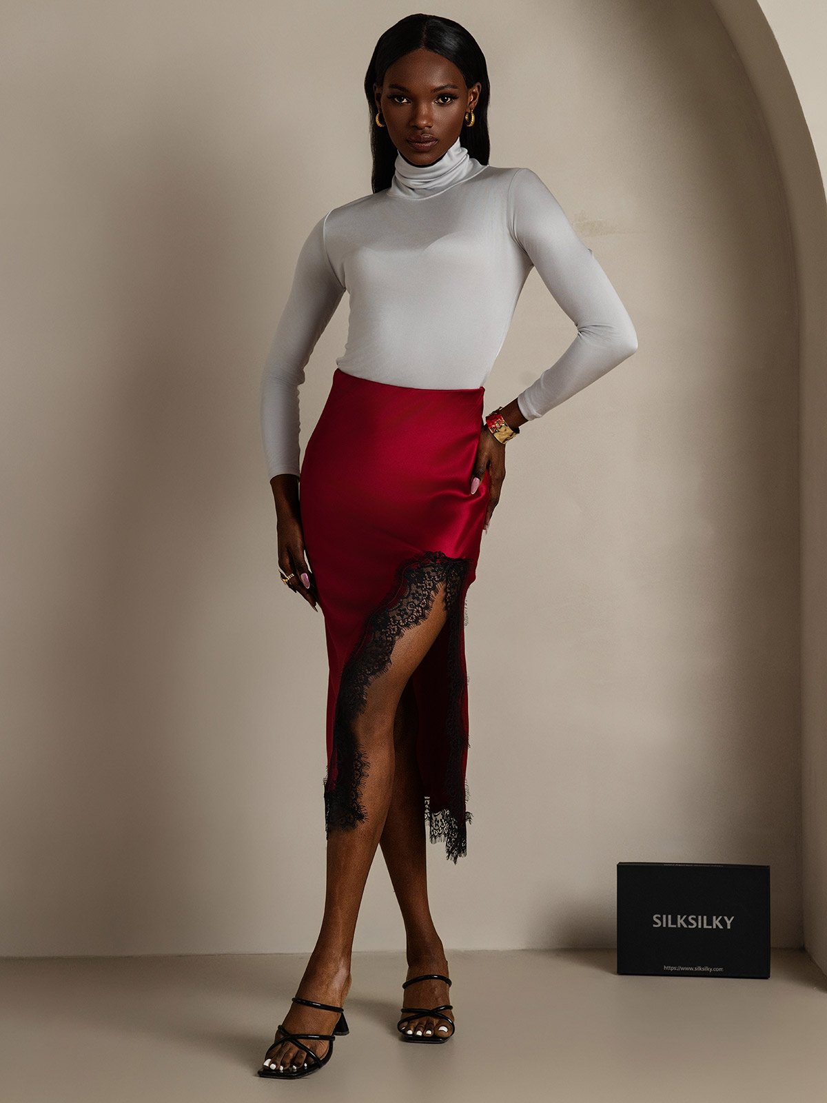 SilkSilky-DE 19Momme Seide Skirt Rotwein 001