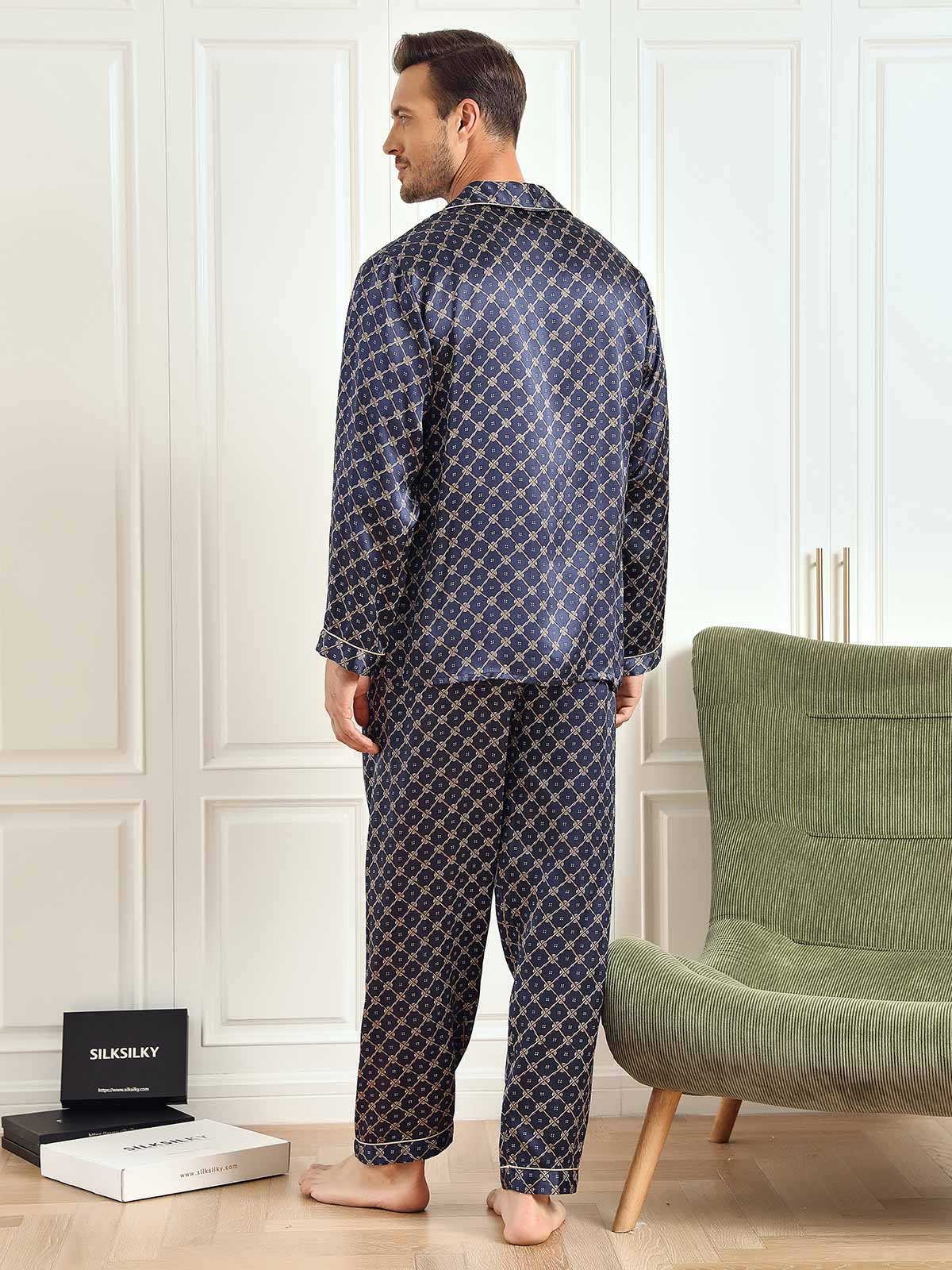 SilkSilky DE 19Momme Reine Seide Langärmelig Revers Herren Pyjamas Dunkelblau 003