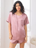 SilkSilky DE Reine Seide Kurzärmelig Rundkragen Damen Pyjamas BlassesMauve 003