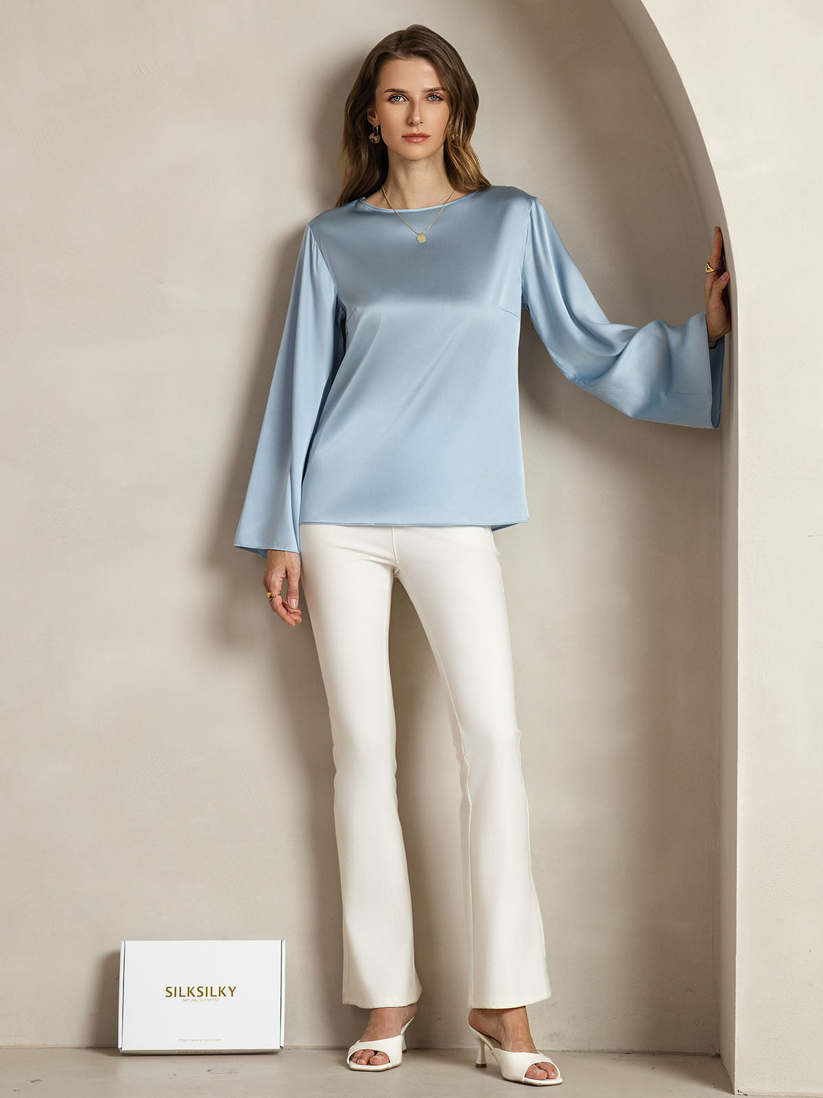 [Graublau] SilkSilky-DE 19Momme Seide Womens T-Shirt 003