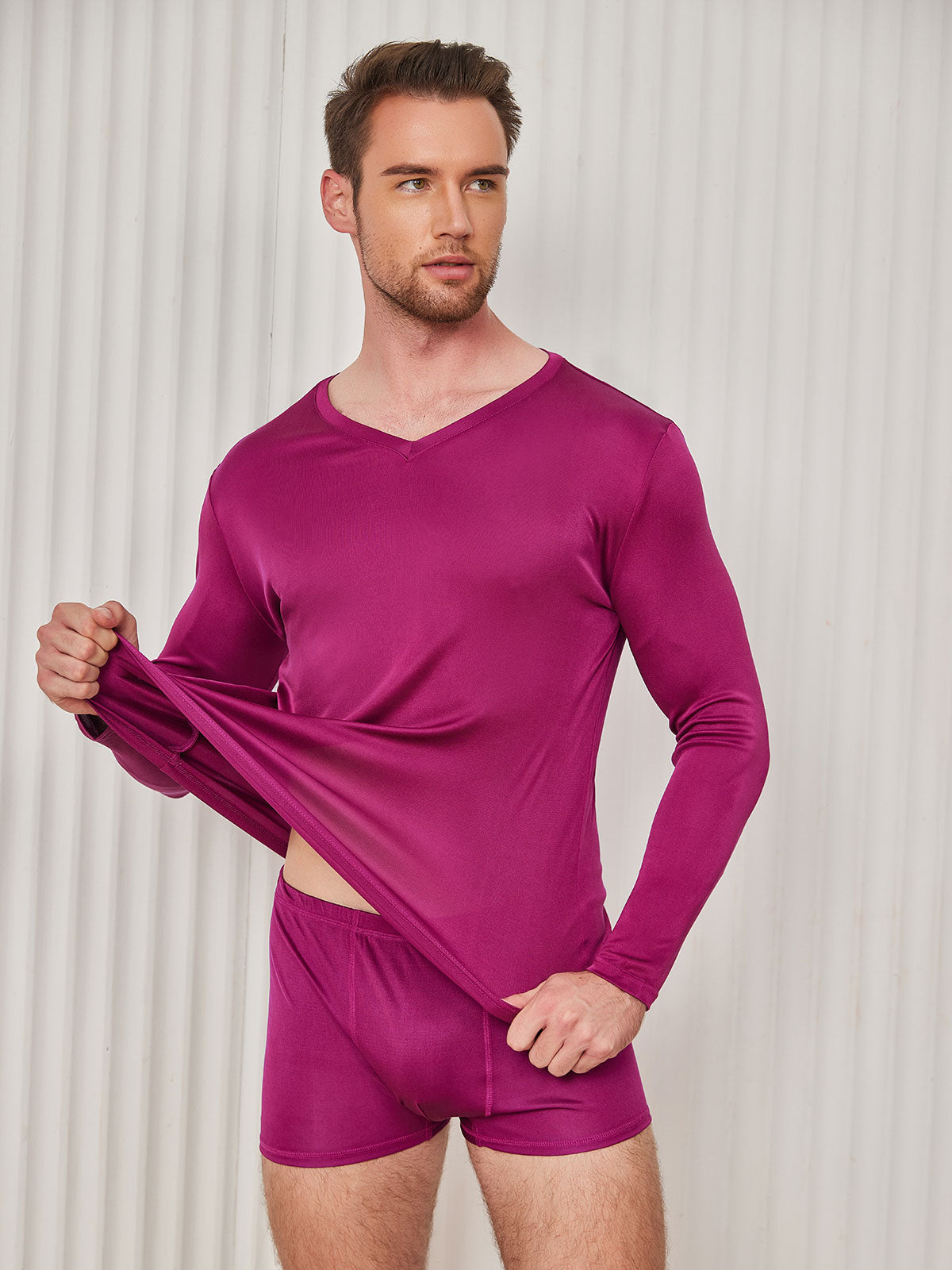 [Dunkelrot] SilkSilky-DE Seidenstrick Langärmelig V Ausschnitt Herren T-Shirt 004