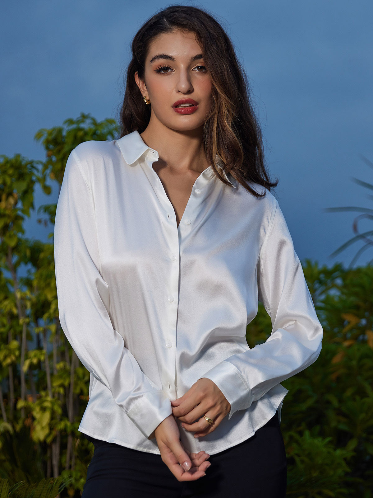 [Weiß] SilkSilky-DE Seide Umlegekragen Damenhemd 004
