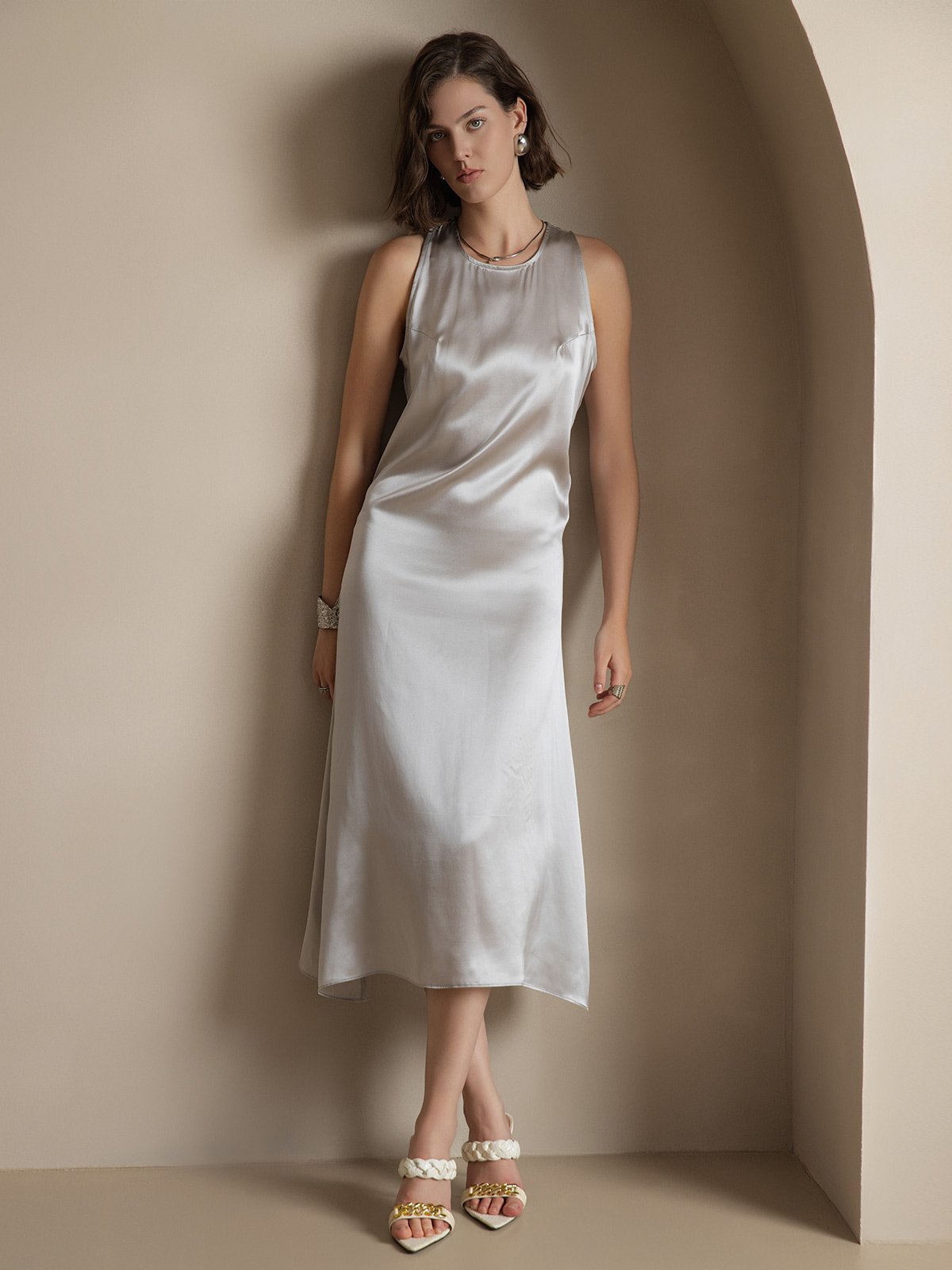 [Hellgrau] SilkSilky-DE 19Momme Seide Ärmellos Rundkragen Kleider 001