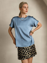 [Graublau] SilkSilky-DE 19Momme Kurzärmelig U-Boot-Ausschnitt T-Shirt 004
