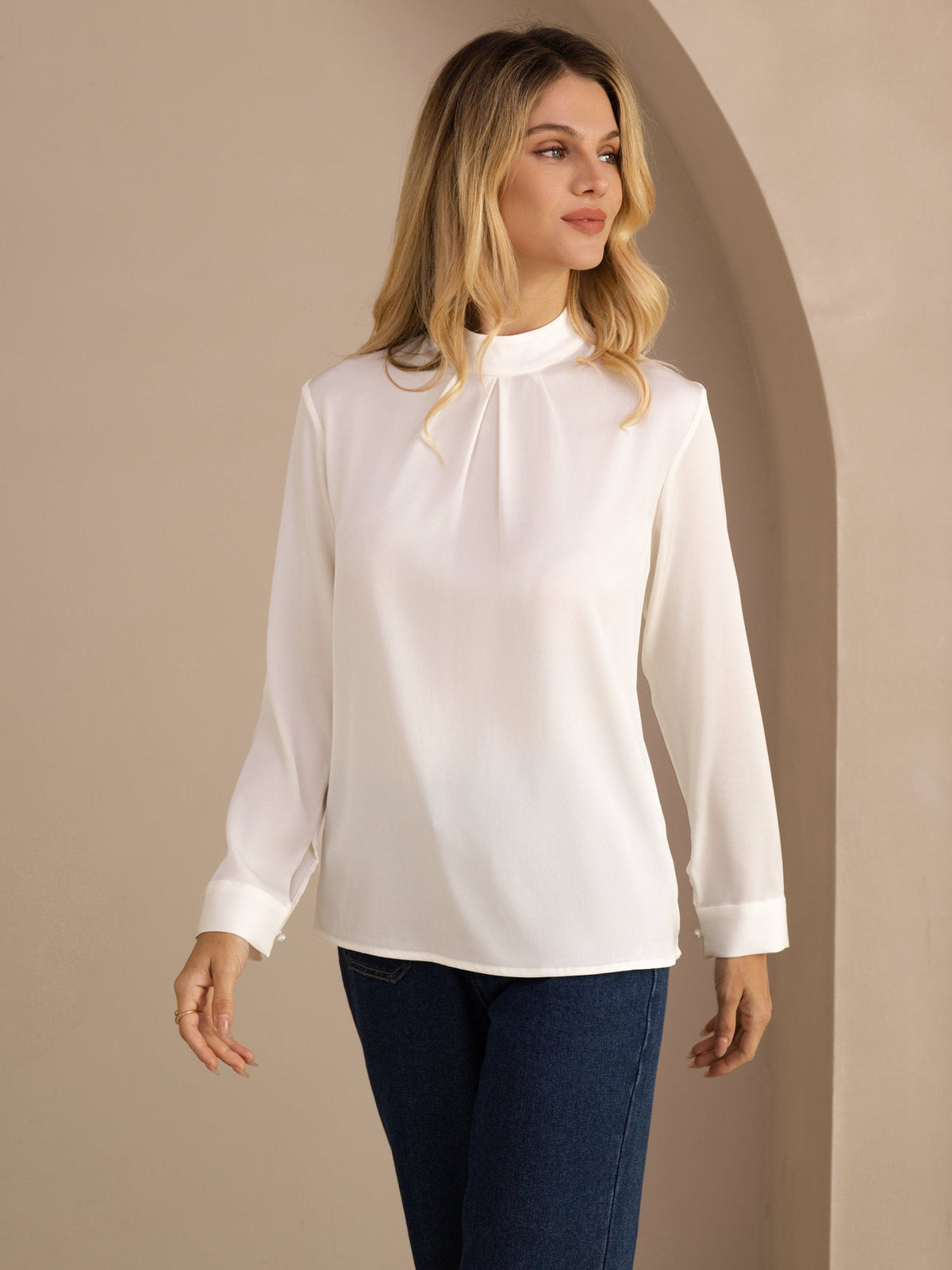 [Weiß] SilkSilky-DE Long Sleeve Stand Collar Damenblusen 001