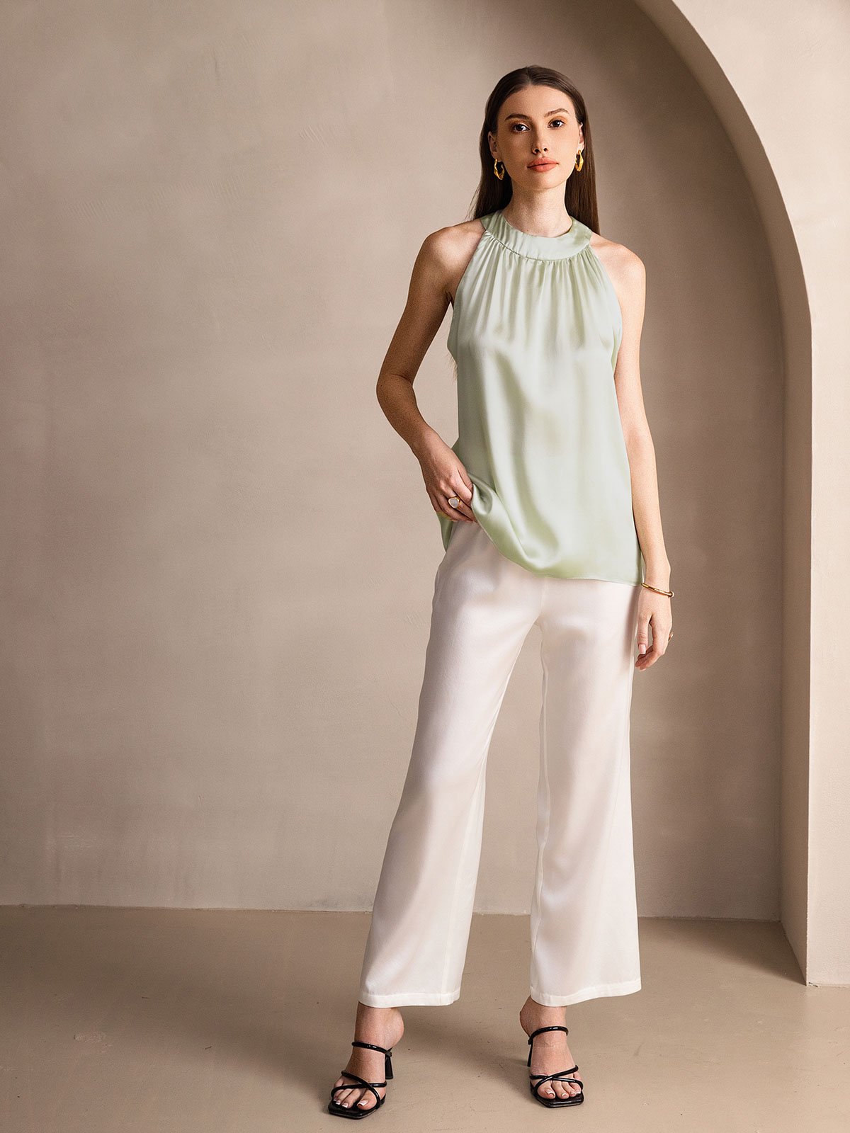 [Hellgrün] SilkSilky-DE 19Momme Ärmellos Neckholder T-Shirt 005