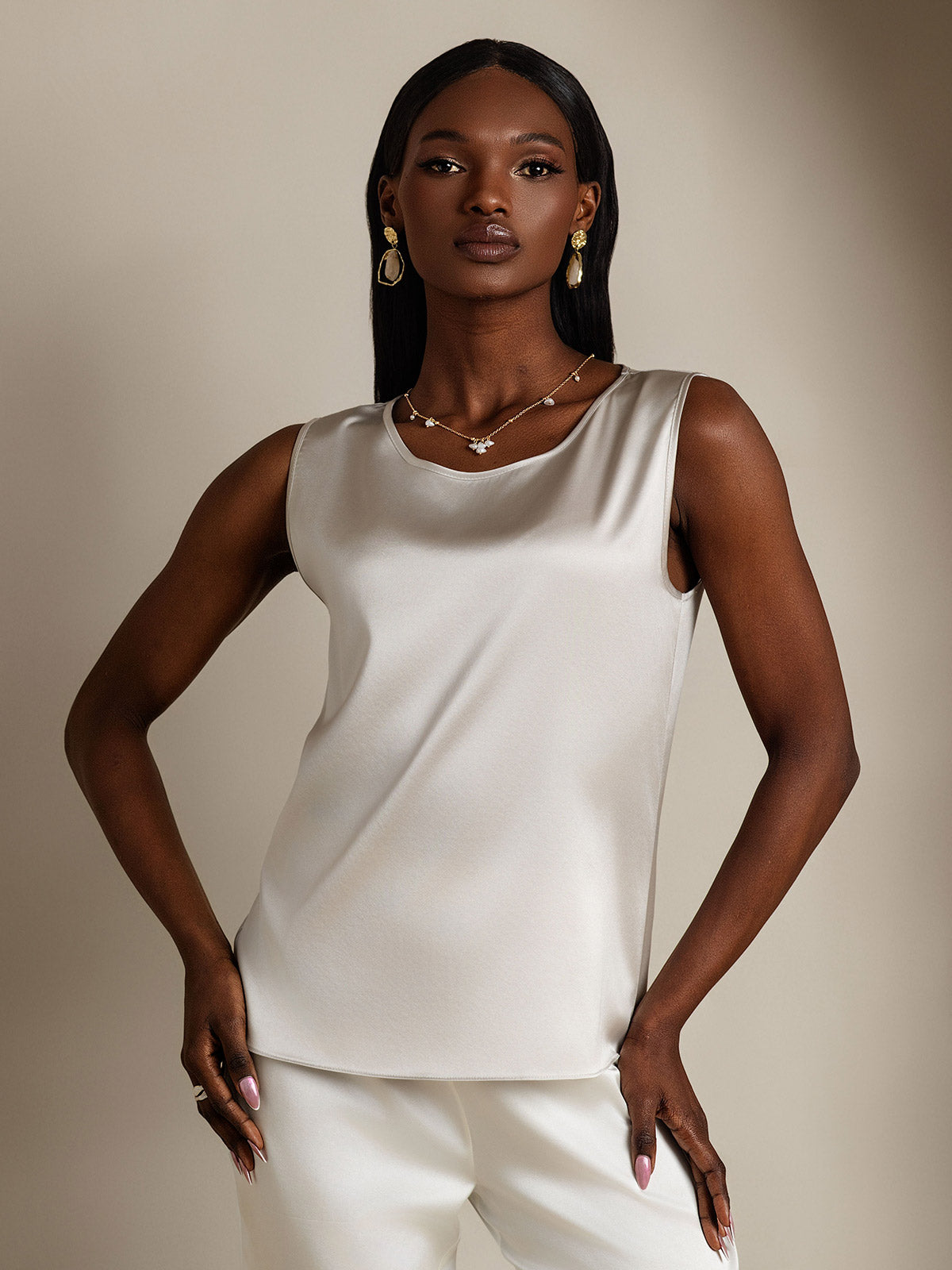 [Hellgrau] SilkSilky-DE 19Momme Ärmellos Rundhalsausschnitt Cami Top 001