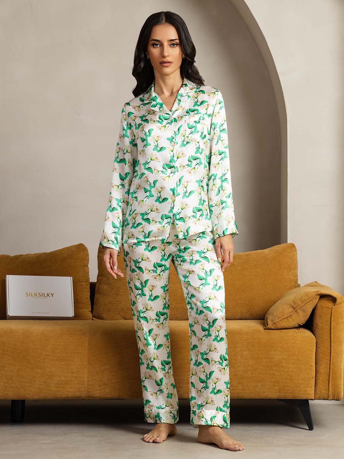 [Grün Blumen] SilkSilky-DE Reine Seide Womens Pajamas 006