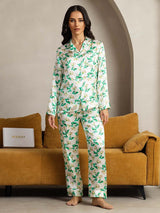 [Grün Blumen] SilkSilky-DE Reine Seide Womens Pajamas 002,