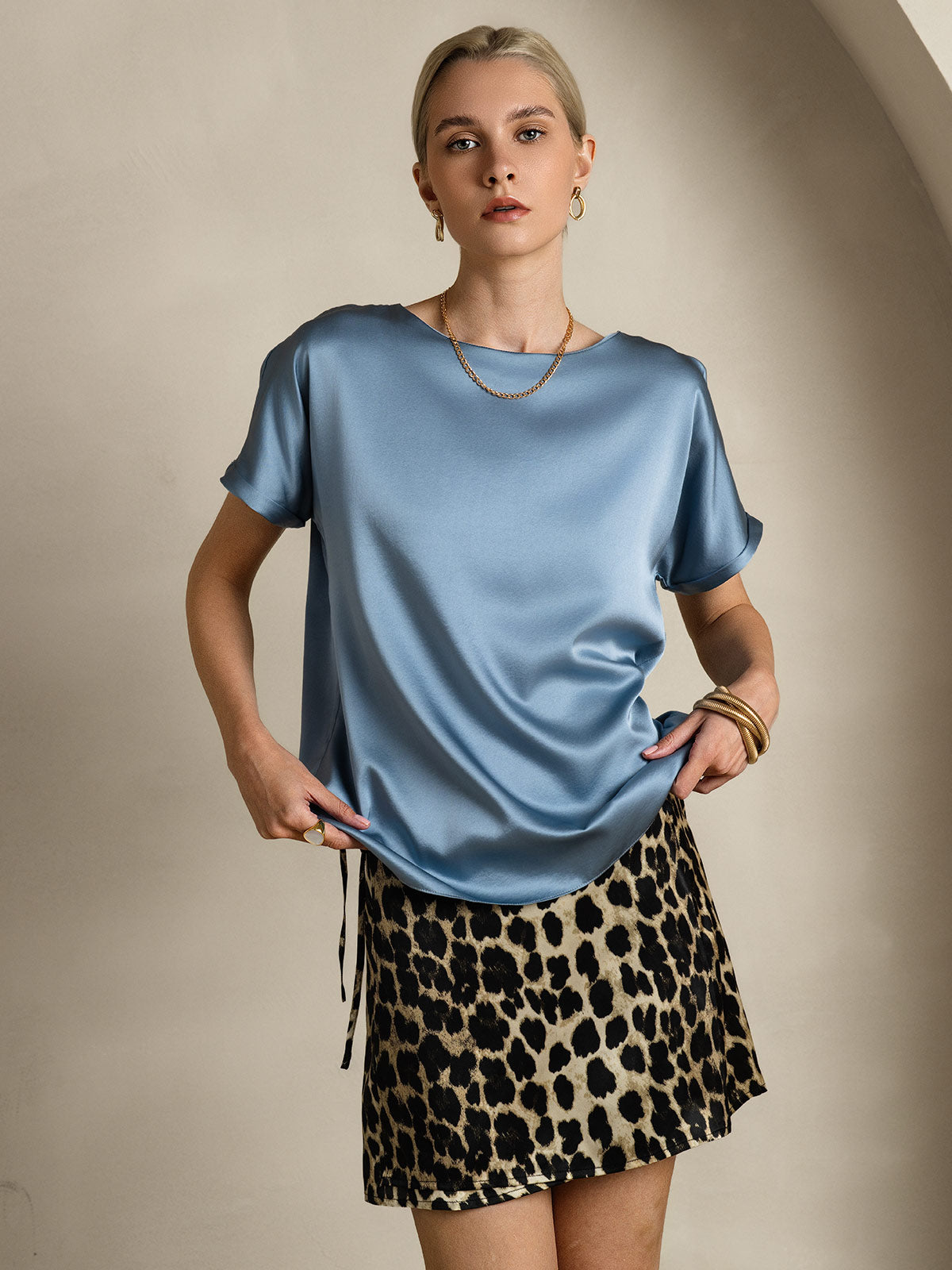 [Graublau] SilkSilky-DE 19Momme Seide Womens T-Shirt 001