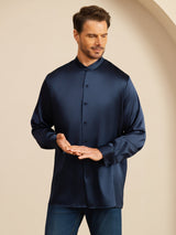 [Dunkelblau] SilkSilky-DE Long Sleeve Stand Collar Herrenhemd 005
