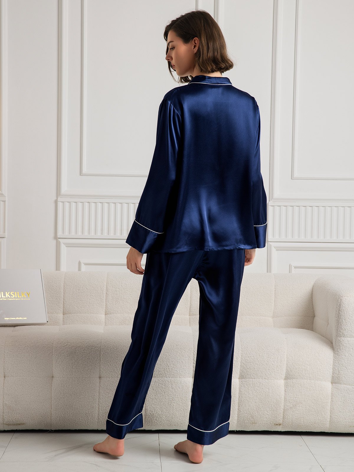 [Dunkelblau] SilkSilky-DE Reine Seide Langärmelig V Ausschnitt Damen Pyjamas 002