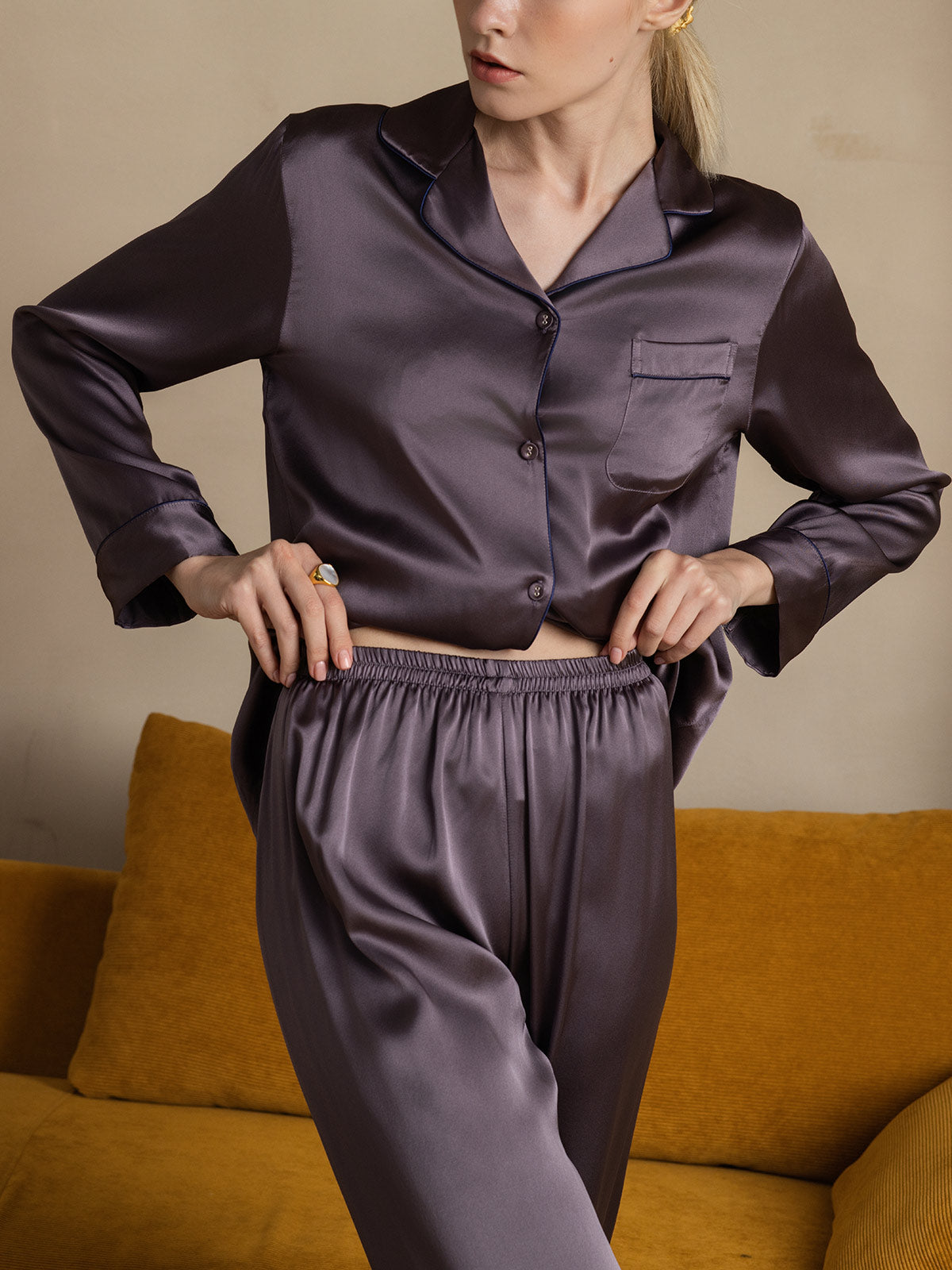 SilkSilky-DE Reine Seide Langärmelig Revers Damen Pyjamas LilaGrau 008