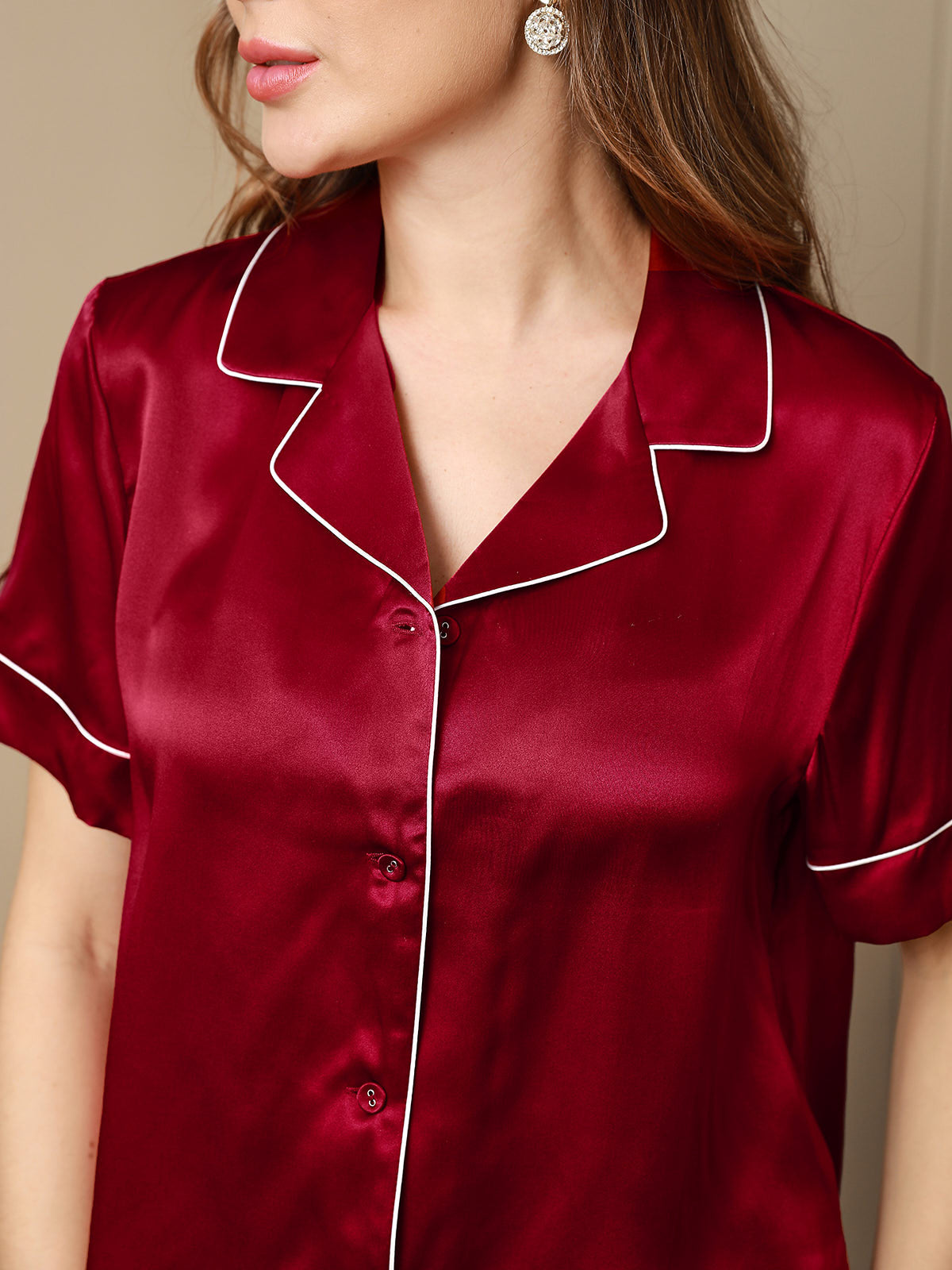 [Rotwein] SilkSilky-DE Reine Seide Kurzärmelig Revers Damen Pyjamas 007