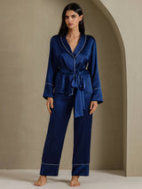 [Dunkelblau] SilkSilky-DE Long Sleeve Shawl Collar Damen Pyjamas 001