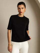 [Schwarz] SilkSilky-DE Half Sleeve Crew-Ausschnitt T-Shirt 007