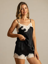 [Schwarz] SilkSilky-DE Spaghettiträger V Ausschnitt Camisole-Set 006