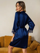 [Dunkelblau] SilkSilky-DE 3/4 Sleeve Damen Morgenmantel 002