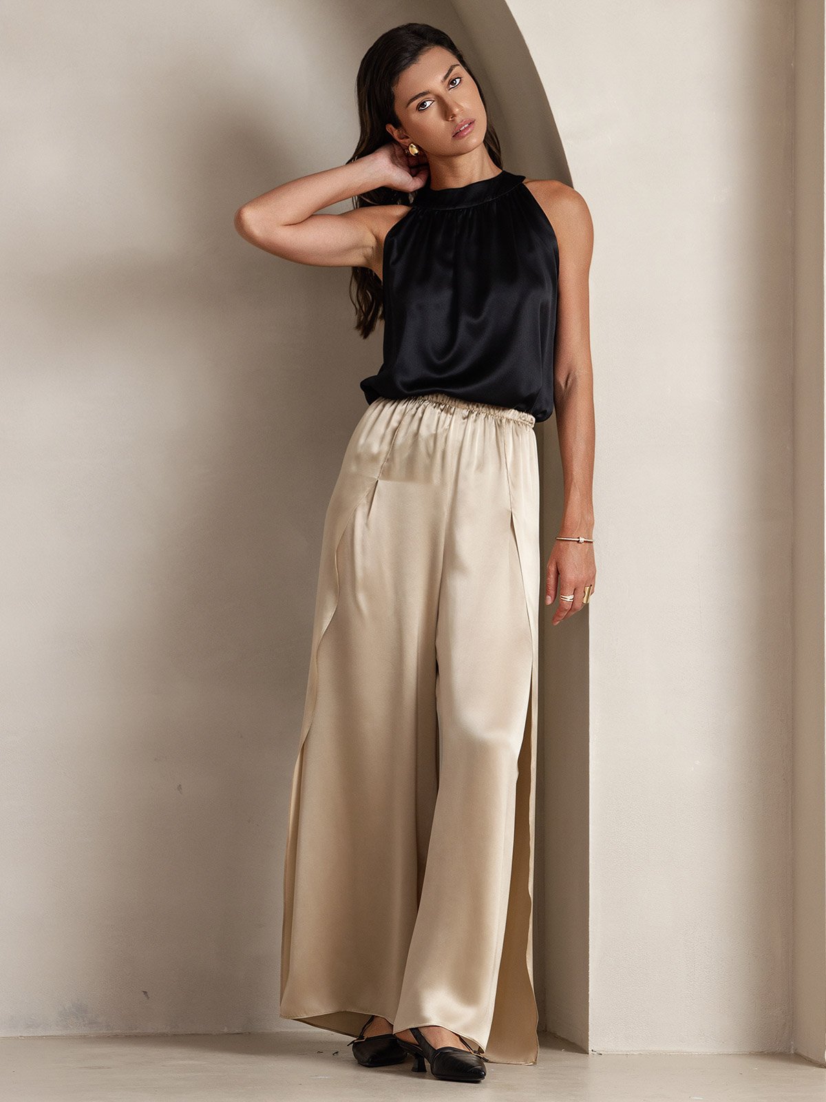 [Schwarz] SilkSilky-DE 19Momme Ärmellos Neckholder T-Shirt 005