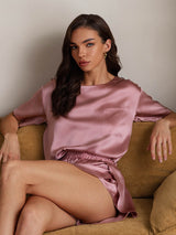 [Blasses Mauve] SilkSilky-DE Kurzärmelig Rundhalsausschnitt Damen Pyjamas 003