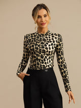 [Leopard] SilkSilky-DE Langärmelig Mock-Ausschnitt T-Shirt 007