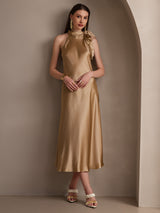 [Champagner] SilkSilky-DE 19Momme Stretch Silk Charmeuse Sleeveless Neckholder Kleider 008