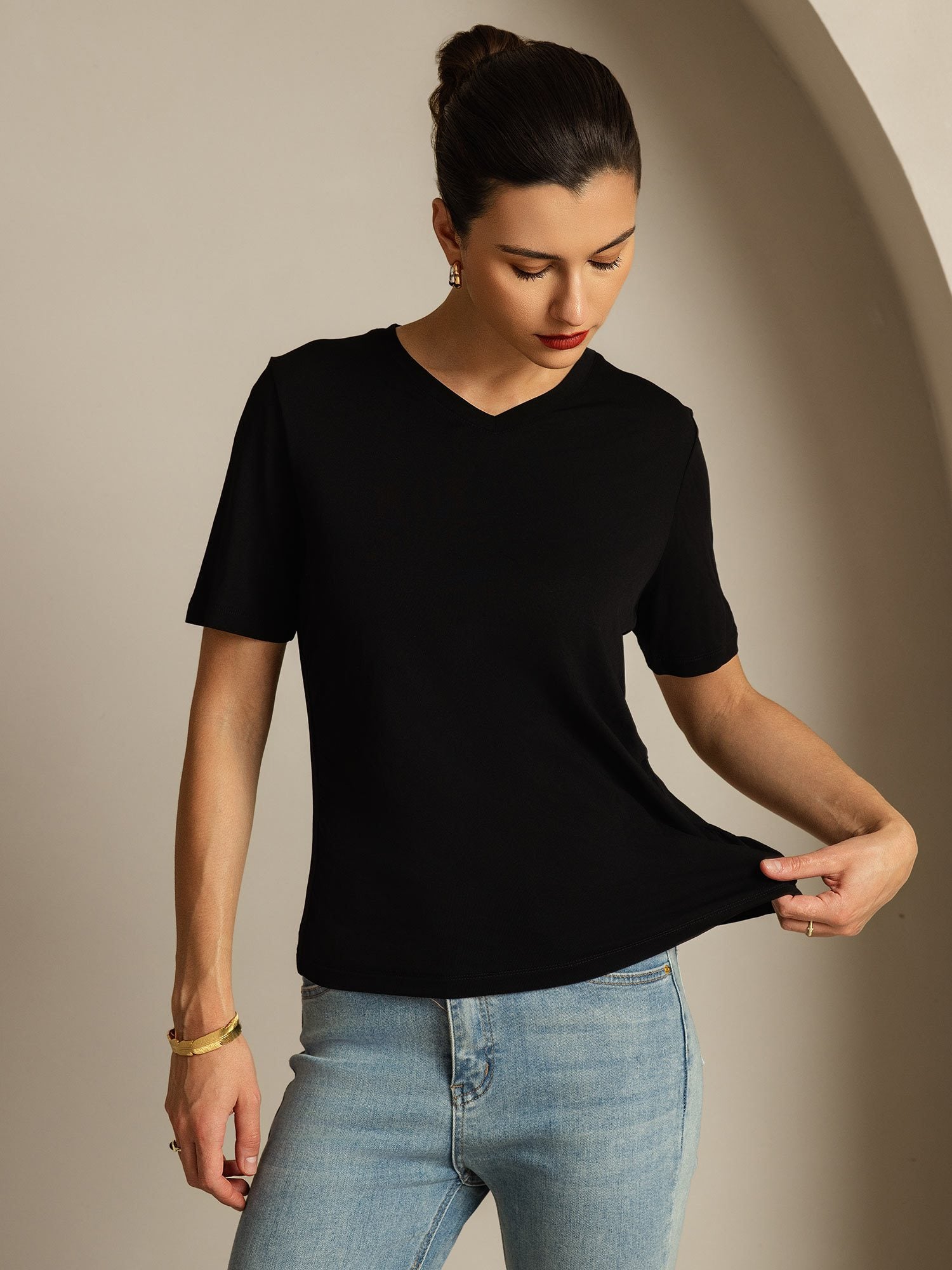 [Schwarz] SilkSilky-DE Reine Seide V Ausschnitt T-Shirt 003