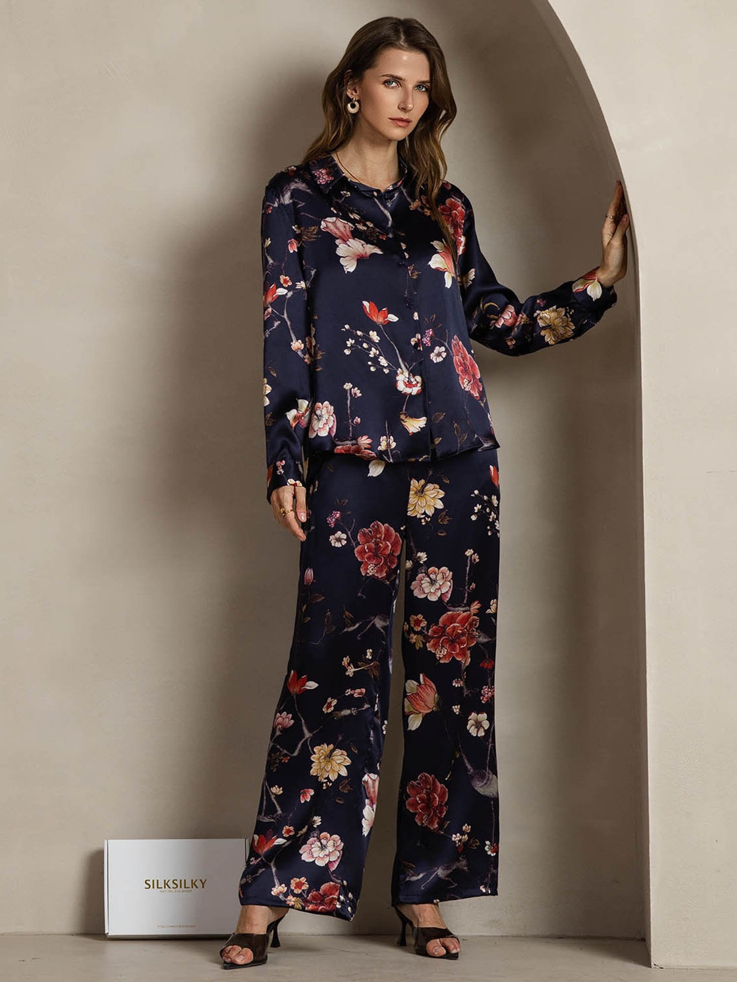 [Marine Blumen] SilkSilky-DE 19Momme Seide Umlegekragen Women''s Outfit Sets 003