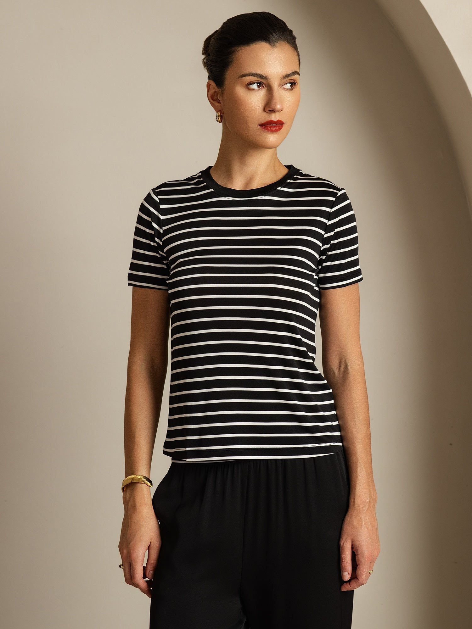 [SchwarzerStreifen] SilkSilky-DE Reine Seide Womens T-Shirt 003