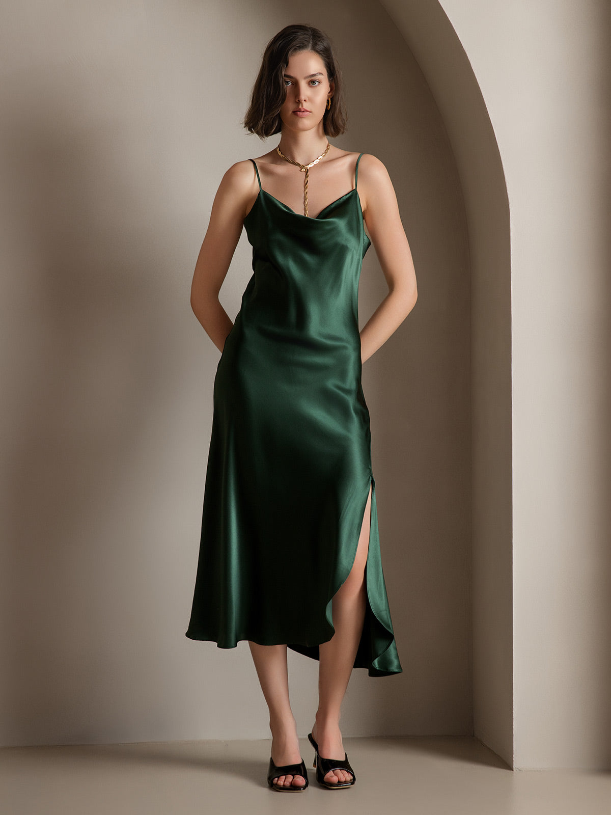 [Dunkelgrün] SilkSilky-DE 19Momme Reine Seide Dress 005