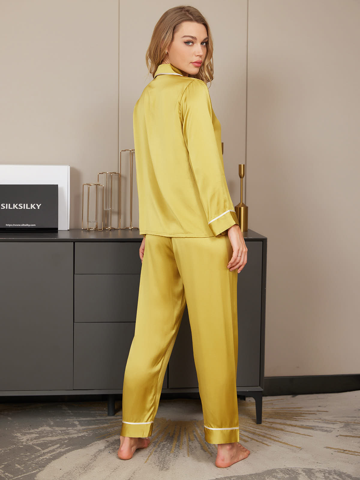 [Gelbgrün] SilkSilky-DE Reine Seide Langärmelig Revers Damen Pyjamas 002